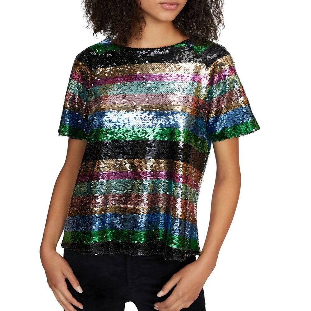 Sanctuary Saturday Night Sequin Stripe Short Sleeve Top/ Sz-L/ Ships Same DAY!